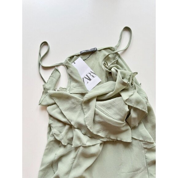 NWT ZARA Sea Green Chiffon Ruffle Cascading Long V-Neck Maxi Dress, Size L - Picture 6 of 15